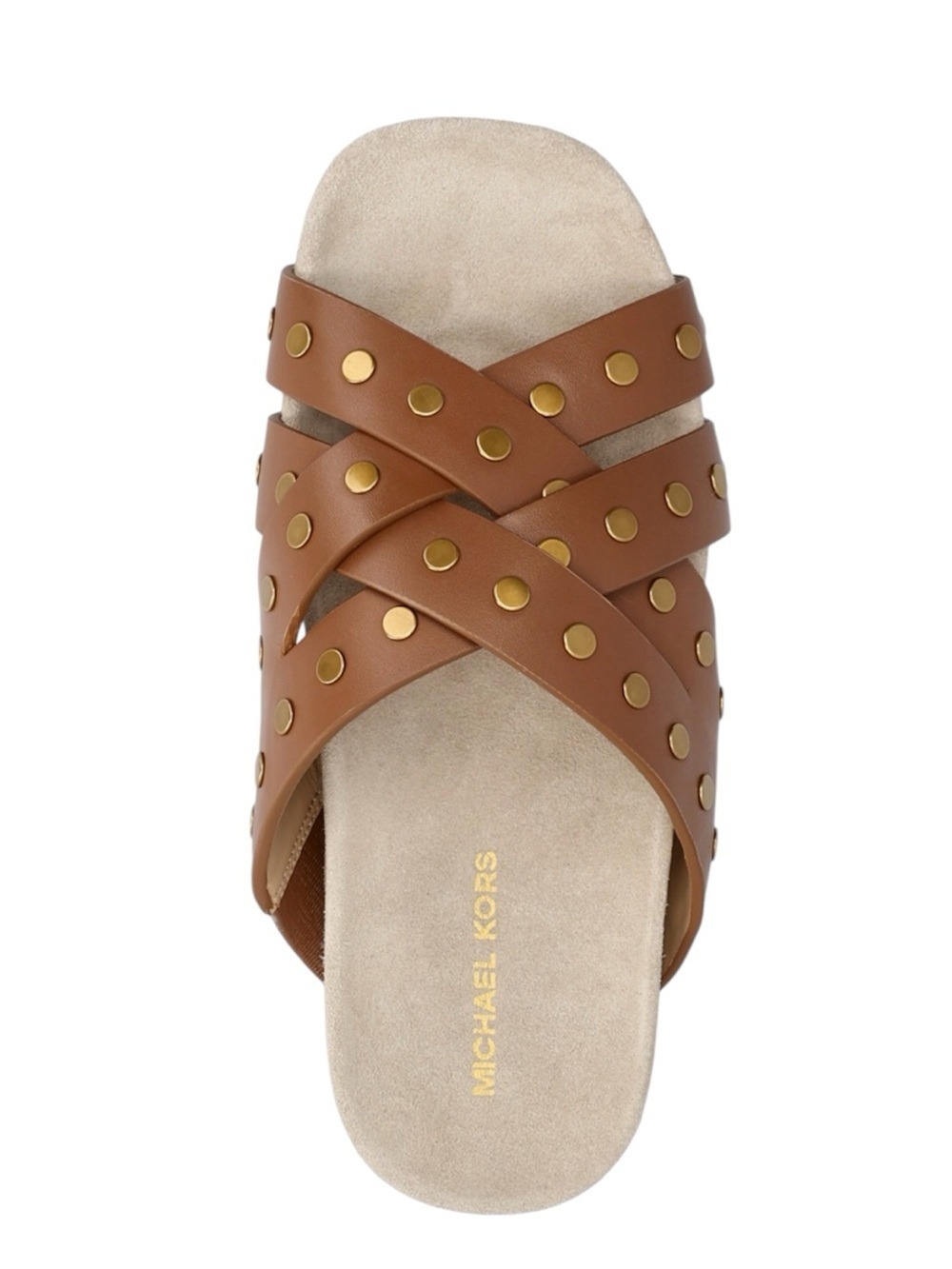 Michael Kors Irene Flat Leather Sandal Brown with Golden Studs Sz 7.5 Designer